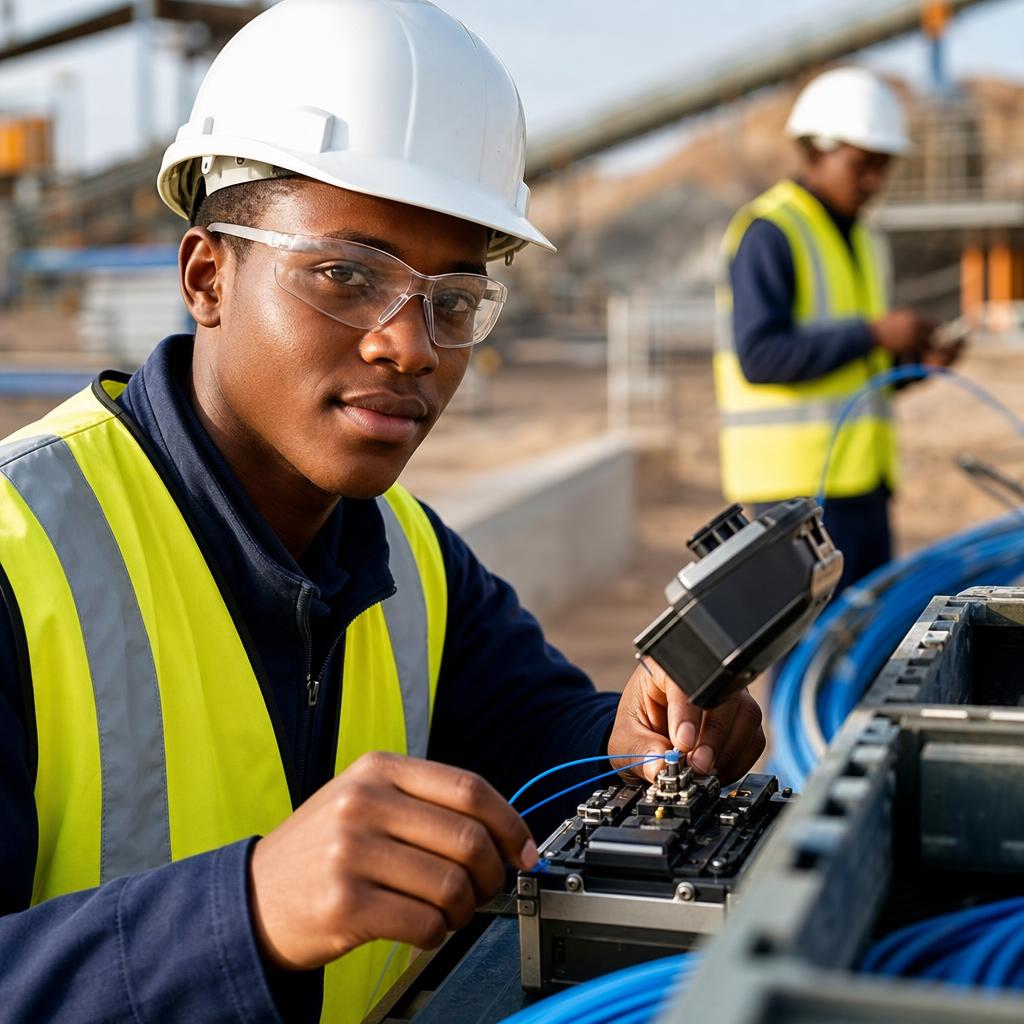 Technician splicing fibre optic cables on site